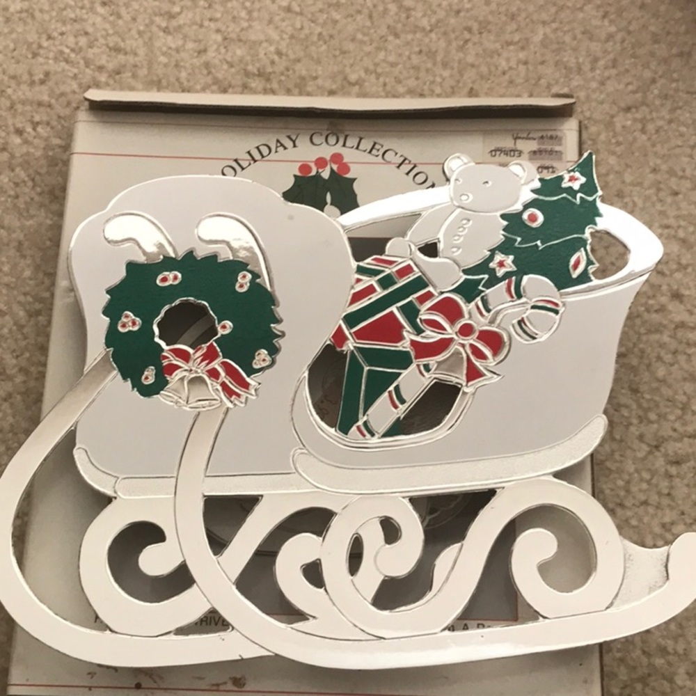 Wm. A. Rogers Christmas Sleigh Trivet in box. Silverplate with enamel. Vintage??